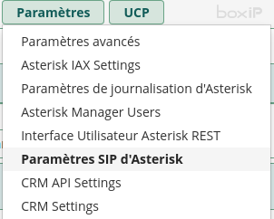 menu Paramètres > Paramètres SIP d'Asterisk