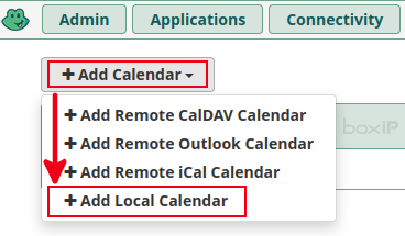 Add calendar > Add Local Calendar (FreePBX)